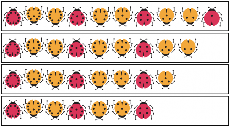4 rows of red and yellow ladybugs. 1st row. A red one with 10 spots, a yellow one with 9, yellow with 8, red with 7, yellow with 6, yellow with 5, red with 4, yellow with 3, yellow with 2 & red with 1. 2nd row. A red one with 10 spots, a yellow one with 9, yellow with 8, red with 7, yellow with 6, yellow with 5, red with 4, yellow with 3 & yellow with 2. 3rd row. A red one with 10 spots, a yellow one with 9, yellow with 8, red with 7, yellow with 6, yellow with 5, red with 4 & yellow with 3. 4th row. A red one with 10 spots, a yellow one with 9, yellow with 8, red with 7, yellow with 6, yellow with 5 & red with 4.
