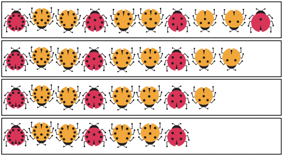 4 filas de mariquitas rojas y amarillas. 1.ª fila. Una roja con 10 puntos, una amarilla con 9, amarilla con 8, roja con 7, amarilla con 6, amarilla con 5, roja con 4, amarilla con 3, amarilla con 2 y roja con 1. 2.ª fila. Una roja con 10 puntos, una amarilla con 9, amarilla con 8, roja con 7, amarilla con 6, amarilla con 5, roja con 4, amarilla con 3 y amarilla con 2. 3.ª fila. Una roja con 10 puntos, una amarilla con 9, amarilla con 8, roja con 7, amarilla con 6, amarilla con 5, roja con 4 y amarilla con 3. 4.ª fila. Una roja con 10 puntos, una amarilla con 9, amarilla con 8, roja con 7, amarilla con 6, amarilla con 5 y roja con 4.