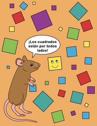 Ratoncita ve cuadrados en todos lados en este dibujo. Ayudemos a Ratoncita a contar por color. 6 cuadrados morados. 6 cuadrados amarillos. 1 cuadrado amarillo tiene una carita feliz. 4 cuadrados verdes. 7 cuadrados azules. 4 cuadrados rojos. Y 3 cuadrados verde azulado.