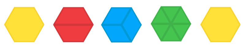 First, a yellow hexagon. Next, a red hexagon. It's made from 2 trapezoids. Then a blue hexagon. It's made from 3 rhombuses. Next, a green hexagon. It's made from 6 triangles. Last, a yellow hexagon.