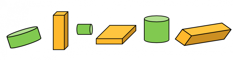 First, a short, wide green cylinder. Next, a tall, narrow yellow rectangular prism. Then, a short narrow green cylinder on its side. Next, a short wide yellow rectangular prism. Then, a tall wide green cylinder. Last, a tall, narrow yellow rectangular prism on its side.