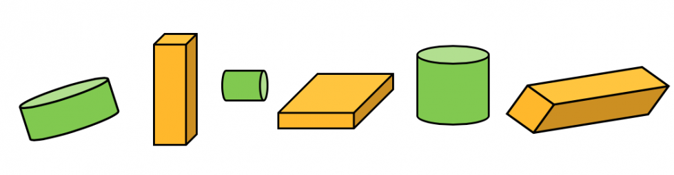 Primero, un cilindro verde corto y ancho. Después, un prisma rectangular amarillo alto y angosto. Luego, un cilindro verde corto y angosto de lado. Después, un prisma rectangular amarillo corto y ancho. Luego, un cilindro verde alto y ancho. Por último, un prisma rectangular amarillo alto y angosto.