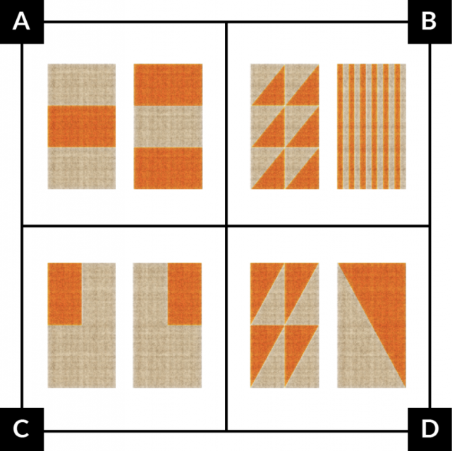 A: The towel on the left has 3 equal parts. The middle part is orange. The towel on the right has 3 equal parts. The top and bottom parts are orange. B: The towel on the left has 12 equal triangles. 6 triangles are orange. The towel on the right has 12 equal stripes (long, thin rectangles). 6 stripes are orange. C: The towel on the left has orange for the upper left fourth. The towel on the right has orange for the upper right fourth. D: The towel on the left has 8 equal triangles. 4 triangles are orange. The towel on the right has 2 equal triangles. 1 triangle is orange.