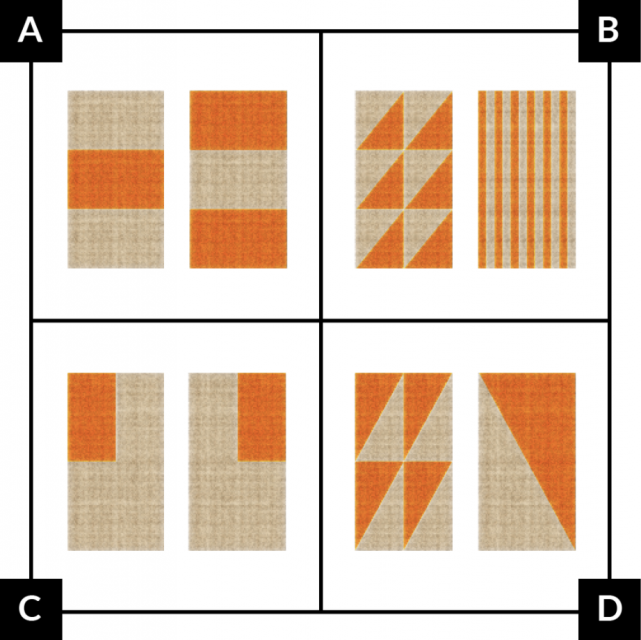 A: La toalla a la izquierda tiene 3 partes iguales. La parte del medio es anaranjada. La toalla a la derecha tiene 3 partes iguales. La parte de arriba y la de abajo son anaranjadas. B: La toalla a la izquierda tiene 12 triángulos iguales. 6 triángulos son anaranjados. La toalla a la derecha tiene 12 rayas iguales (rectángulos largos y delgados). 6 rayas son anaranjadas. C: La toalla a la izquierda tiene anaranjado en el cuarto superior izquierdo. La toalla a la derecha tiene anaranjado en el cuarto superior derecho. D: La toalla a la izquierda tiene 8 triángulos iguales. 4 triángulos son anaranjados. La toalla a la derecha tiene 2 triángulos iguales. 1 triángulo es anaranjado.