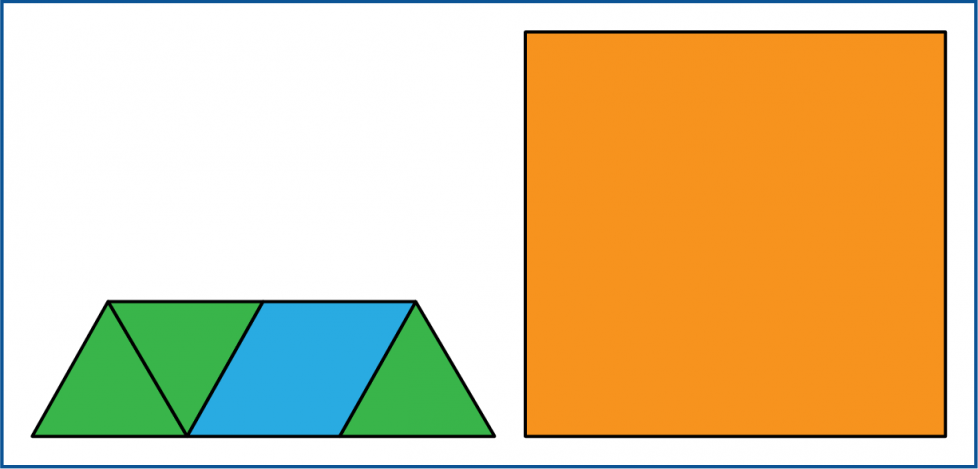 The top parts of the big triangle are hidden. The bottom row is still 2 small triangles, a rhombus, and 1 more small triangle.