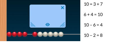 El number rack muestra que 1 cuenta roja y 5 cuentas blancas estaban debajo de la cubierta. Recuerda, 4 cuentas rojas no estaban cubiertas. ¿Qué ecuaciones explican cuántas cuentas había debajo de la cubierta? 10 = 3 + 7. 6 + 4 = 10. 10 menos 6 = 4. 10 menos 2 = 8.