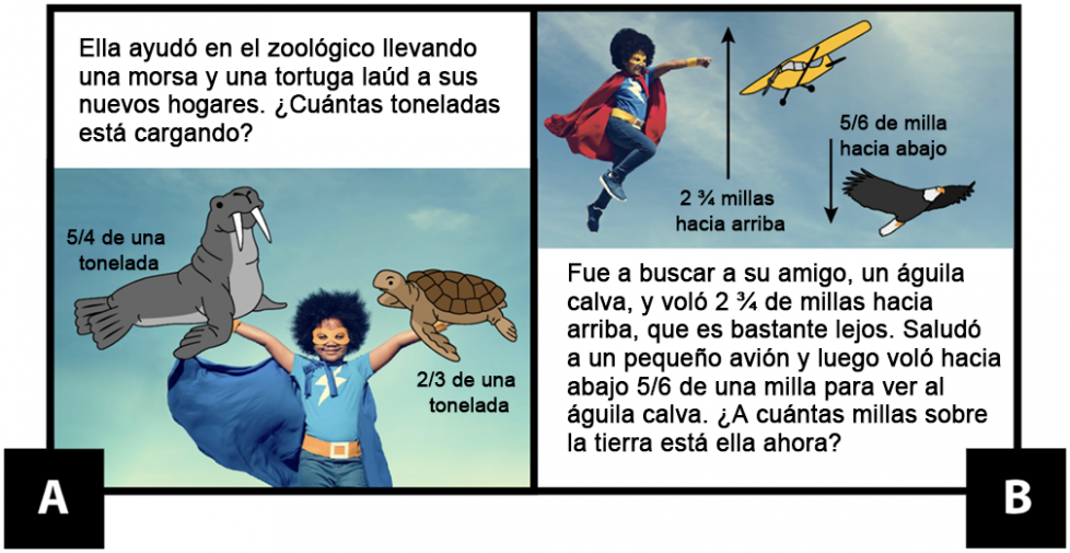 A: Ella ayudó en el zoológico llevando una morsa y una tortuga laúd a sus nuevos hogares. La morsa pesa 5 cuartos de una tonelada. La tortuga pesa 2 tercios de una tonelada. Si Lady Lightning las mueve a ambas al mismo tiempo, ¿cuántas toneladas va cargando? B: Fue a buscar a su amigo, un águila calva, y voló dos y tres cuarto de milla hacia arriba, que es bastante lejos. Saludó a un pequeño avión y luego voló hacia abajo cinco sextos de milla para ver al águila calva. ¿A cuántas millas sobre la tierra está ella ahora?