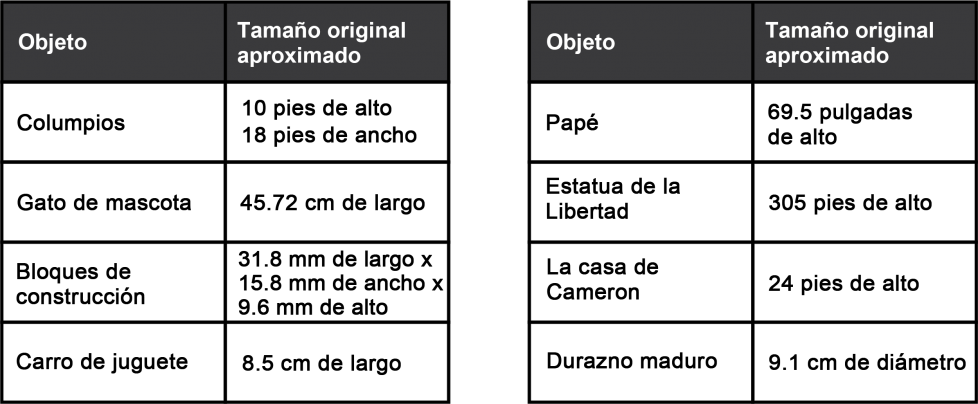 Una lista de objetos y su tamaño original aproximado. Columpios: 10 pies de alto, 18 pies de ancho. Gato mascota: 45.72 cm de largo. Bloques de construcción: 31.9 mm de largo por 15.8 mm de ancho por 9.6 mm de alto. Carro de juguete: 8.5 cm de largo. El papá de Cameron: 69.5 pulgadas de alto. Estatua de la Libertad: 305 pies de alto. La casa de Cameron: 24 pies de alto. Durazno maduro: 9.1 cm de diámetro.