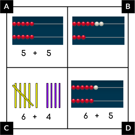 A. Un number rack tiene 5 cuentas rojas en la parte de arriba y 5 cuentas rojas en la parte de abajo. 5+5. B. Un number rack tiene 5 cuentas rojas y 2 cuentas blancas en la parte de arriba. Tiene 3 cuentas rojas en la parte de abajo. C. 6 marcas de conteo amarillas y 4 marcas de conteo moradas. 6+4. D. Un number rack tiene 5 cuentas rojas y 1 cuenta blanca en la parte de arriba. Tiene 5 cuentas rojas en la parte de abajo. 6+5.