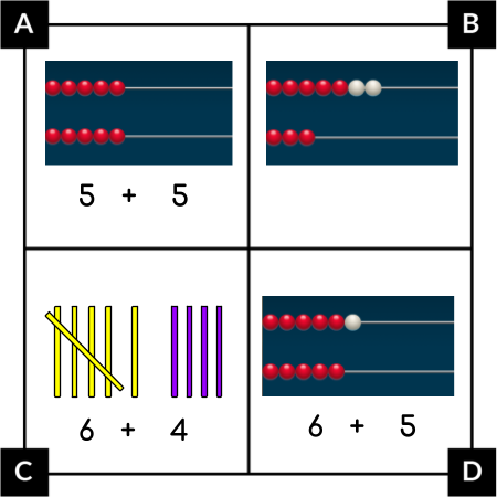 A. A number rack has 5 red beads on the top and 5 red beads on the bottom. 5+5. B. A number rack has 5 red and 2 white beads on the top. It has 3 red beads on the bottom.
C. 6 yellow tally marks and 4 purple tally marks. 6+4. D. A number rack has 5 red and 1 white bead on top. It has 5 red beads on the bottom. 6+5.