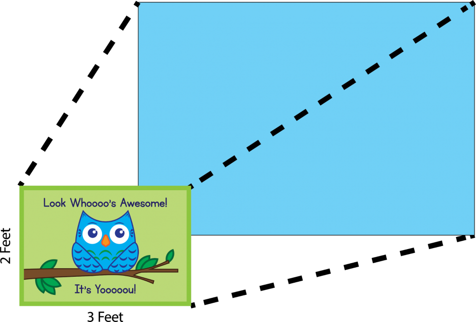 A drawing of an owl 2 feet long by 3 feet wide. It is being projected behind at a larger scale. The drawing says 'Look Whoooo's Awesome! It's Yooooou!'