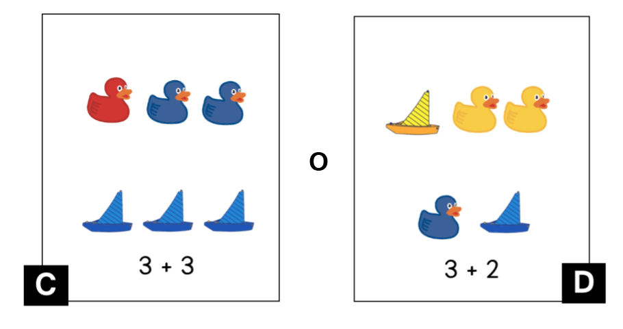 C. La fila de arriba tiene un patito rojo y 2 patitos azules. La fila de abajo tiene 3 veleros azules. 3 + 3. D. La fila de arriba tiene 1 velero amarillo y 2 patitos amarillos. La fila de abajo tiene 1 patito azul y 1 velero azul. 3 + 2.