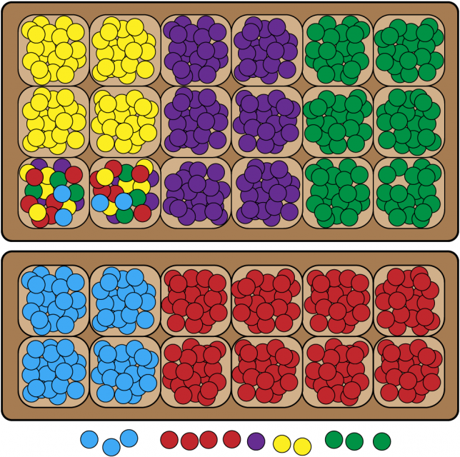 Amy's beads are mostly in 2 trays. One tray has 18 compartments. The other tray has 12. In the smaller tray, 8 compartments have red beads. The others have blue beads. In the larger tray, 6 compartments have green beads. Another 6 have purple beads. 4 compartments have yellow beads. 2 compartments have a mix of colored beads. 3 blue beads, 4 red beads, 1 purple bead, 2 yellow beads, and 3 green beads are not in the trays.