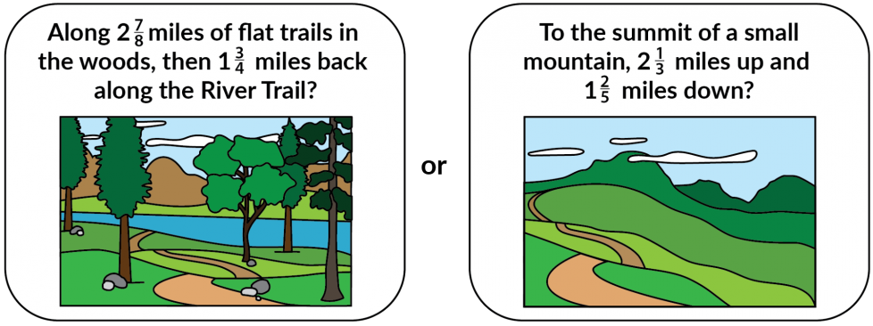 Along 2 and 7-eighths miles of flat trails in the woods, then 1 and 3-fourths miles back along the river trail? Or to the summit of a small mountain, 2 and 1-third miles up and 1 and 2-fifths miles down?