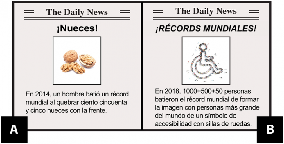 A. En 2014, un hombre batió un récord mundial quebrando ciento cincuenta y cinco nueces con la frente. B. En 2018, 1,000 + 500 + 50 personas rompieron un récord mundial formando la imagen humana más grande de un símbolo de accesibilidad en silla de ruedas.