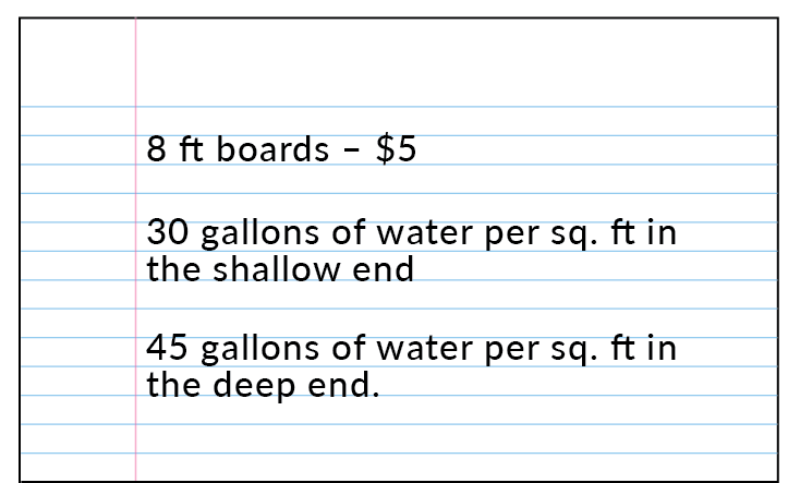 8-foot boards: $5. 30 gallons of water per square foot in the shallow end. 45 gallons of water per square foot in the deep end.
