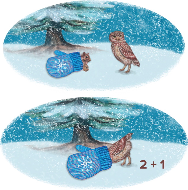 First picture. A squirrel and a mouse poke their heads out of a blue mitten on a snowy day. An owl stands nearby. Second picture. The owl climbs into the mitten too! 2 + 1