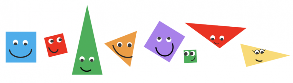 Smiling shapes in a row. a blue square. a red square. a green triangle. an orange triangle. a purple square. a green square. a red rectangle. a yellow triangle.