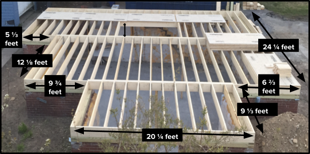 The foundation for a building has three main rectangular sections. The front section is 20 and 1-fourth feet by 9 and 1-third feet. The middle section is 20 and 1-fourth feet + 6 and 2-thirds feet + 9 and 9-fourths feet by 12 and 1-eighths feet. The back section is the same as the longer side of the middle section + 5 and 1-third feet by 24 and 1-fourth feet minus 12 and 1-eighth feet.