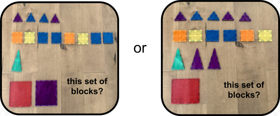 This set of blocks? It has 4 small triangles (2 purple, 2 blue). 8 small squares (2 orange, 2 yellow, 4 blue). 1 large green triangle. And 2 large squares (1 red, 1 purple). Or this set of blocks? It has 5 small triangles (3 purple, 2 blue). 6 small squares (2 orange, 2 yellow, 2 blue). 3 large triangles (1 green, 2 purple). And 1 large red square.