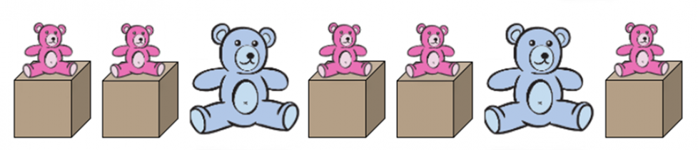 Bears and boxes. First, a small pink bear sitting on a box. Next, a small pink bear sitting on a box. Then, a large blue bear sitting on the floor. Next, a small pink bear sitting on a box. Then, a small pink bear sitting on a box. Next, a large blue bear sitting on the floor. Last, a small pink bear sitting on a box.