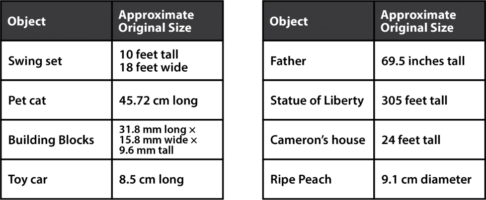 A lists objects and their approximate original size. A swing set: 10 feet tall, 18 feet wide. Pet cat: 45.72 cm long. Building blocks: 31.9 mm long by 15.8 mm wide by 9.6 mm tall. Toy car: 8.5 cm long. Cameron's father: 69.5 inches tall. Statue of Liberty: 305 feet tall. Cameron's house: 24 feet tall. Ripe peach: 9.1 cm diameter.