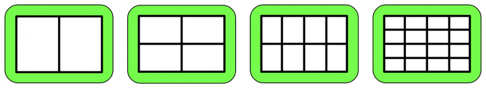 4 rectángulos del mismo tamaño. El 1.°, un rectángulo con una línea vertical que lo divide en mitades. Siguiente, un rectángulo con 2 filas iguales y 2 columnas iguales. Después, un rectángulo con 2 filas iguales y 4 columnas iguales. Por último, un rectángulo con 4 filas iguales y 4 columnas iguales.