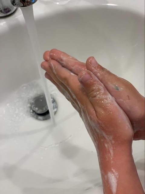 Rubbing soapy hands together at the sink.
