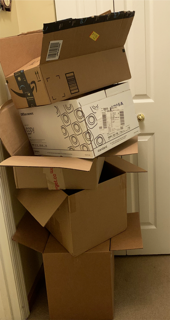 A stack of boxes of varying sizes.
