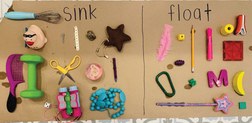 Objects from the bathtub are sorted into 2 categories: sink or float. In the sink column: a whisk, a toy duck, a screw, a comb, a hand weight, toy binoculars, a necklace, scissors, a crayon, a rock, a die, a hard scrubbing pad, and a small piece of metal. In the float column: a feather, a Unifix cube, a pencil, a highlighter, a carabiner clip, a rubber bear, a toy magic wand, 2 refrigerator magnets, a small plastic counting square, a large plastic square, a chip clip, and a foam cylinder.