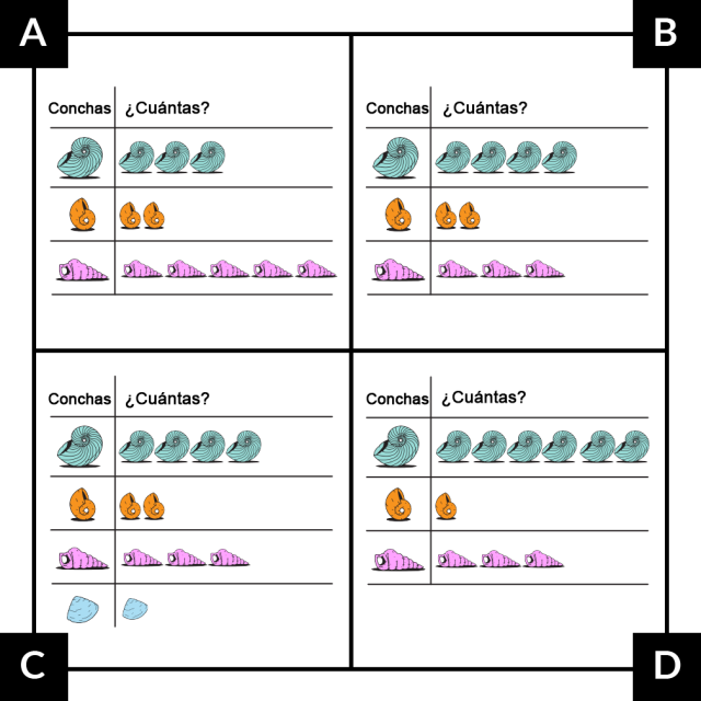 Cuatro tablas muestran los tipos de conchas y cuántas de cada una. A: conchas verdes: 3. Conchas anaranjadas: 2. Conchas rosadas: 5. B: conchas verdes: 4. Conchas anaranjadas: 2. Conchas rosadas: 3. C: conchas verdes: 4. Conchas anaranjadas: 2. Conchas rosadas: 3. Conchas azules: 1. D: conchas verdes: 6. Conchas anaranjadas: 1. Conchas rosadas: 3.
