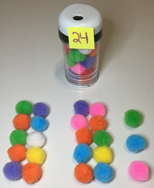 Wendy could fit 24 pom-poms inside the jar. The rest are organized into 2 groups of 10, and 3 more. The pom-poms come in colors like green, blue, pink, white, and orange.