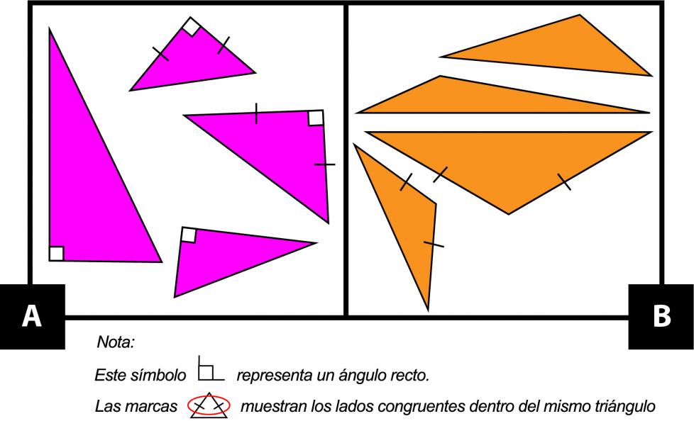 A: Cuatro triángulos rectángulos. 2 de los triángulos tienen 2 lados congruentes y 2 no. B: Cuatro triángulos obtusos. 2 de los triángulos tienen 2 lados congruentes y 2 no.