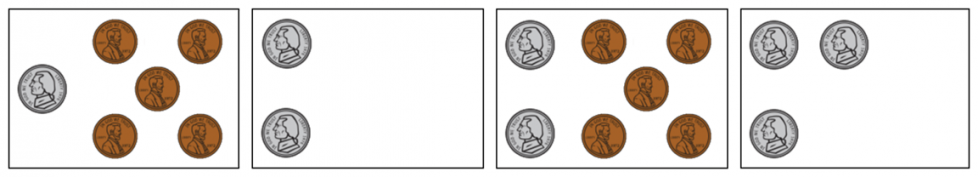 1 moneda de 5 centavos y 5 monedas de 1 centavo. Después, 2 monedas de 5 centavos. Luego, 2 monedas de 5 centavos y 5 monedas de 1 centavo. Por último, 3 monedas de 5 centavos.