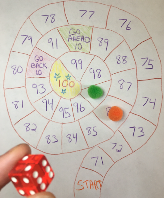 Un tablero de juego hecho en casa comienza en 71 y cuenta de 1 en 1 hasta llegar a 100. Si caes en el espacio donde estaría el 90, avanzas 10 espacios. Si caes en el espacio donde estaría el 92, debes retroceder 10 espacios. La pieza de juego verde de Lucas está en el 97. La pieza de juego anaranjada de Raven está en el 86.