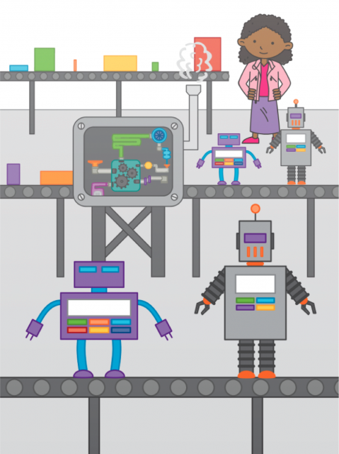 Una inventora observa cómo se fabrican los robots en una fábrica. Partes de diferentes figuras, tamaños y colores entran en una máquina y salen robots.