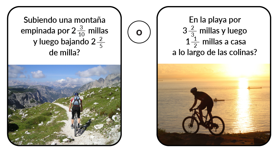 Subiendo una montaña empinada durante 2 y 3 décimos de milla y luego bajando 2 y 2 quintos de milla? O a la playa por 3 y 2 tercios de milla y luego 1 y 1 medio de milla a casa a lo largo de las colinas?