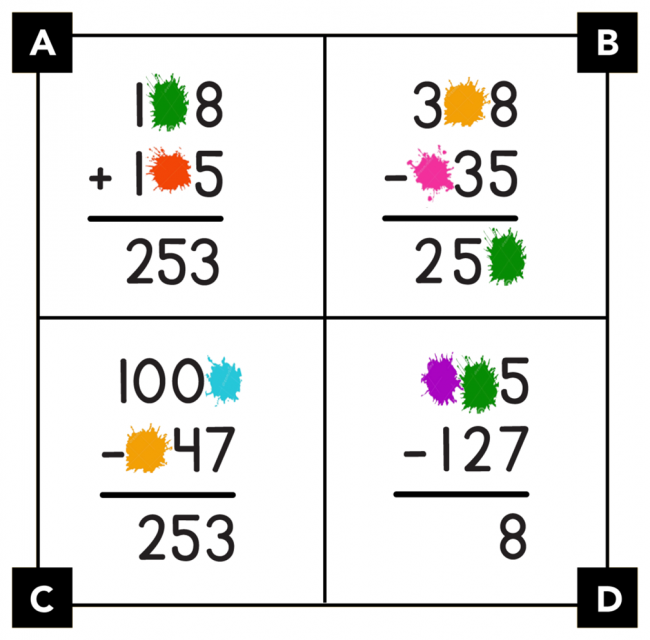 A. 1 plas 8 + 1 plas 5 = 253. B. 3 plas 8 menos plas 3 5 = 2 5 plas. C. 1 0 0 plas menos plas 4 7 = 253. D. plas plas 5 menos 127 = 8.