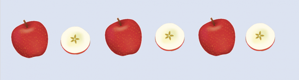 Primero, una manzana roja. Después, media manzana. Luego, una manzana roja. Después, media manzana. Luego, una manzana roja. Por último, media manzana.