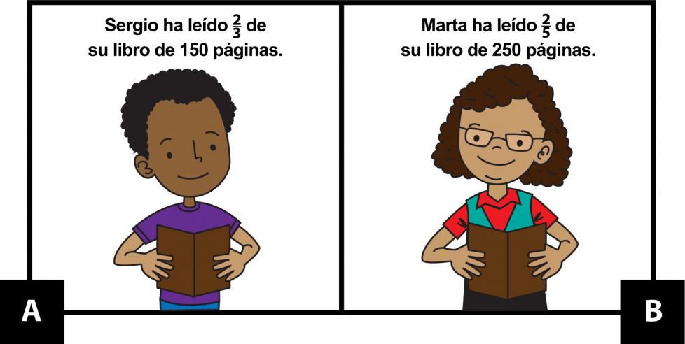 A: Sergio ha leído 2 tercios de su libro de 150 páginas. B: Marta ha leído 2 quintos de su libro de 250 páginas.