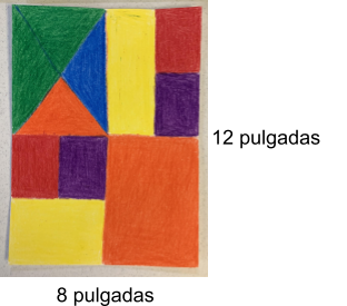 Paco coloreó en el papel de 12 pulgadas de largo por 8 pulgadas de ancho. 1 cuarto se divide en 4 triángulos. 2 triángulos son verdes y forman 1 triángulo grande. Los triángulos más pequeños son anaranjado y azul. 2 de los cuartos se dividen en 3 rectángulos cada uno. Los rectángulos de 1 conjunto son verticales. Los rectángulos del otro conjunto son horizontales. En ambos conjuntos, el rectángulo amarillo tiene el doble de tamaño que los rectángulos morado y rojo. El último cuarto es todo anaranjado.