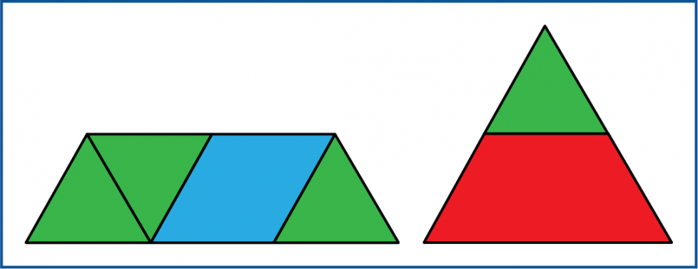 The bottom of the large triangle has four shapes. The top part of the triangle has 2 shapes.