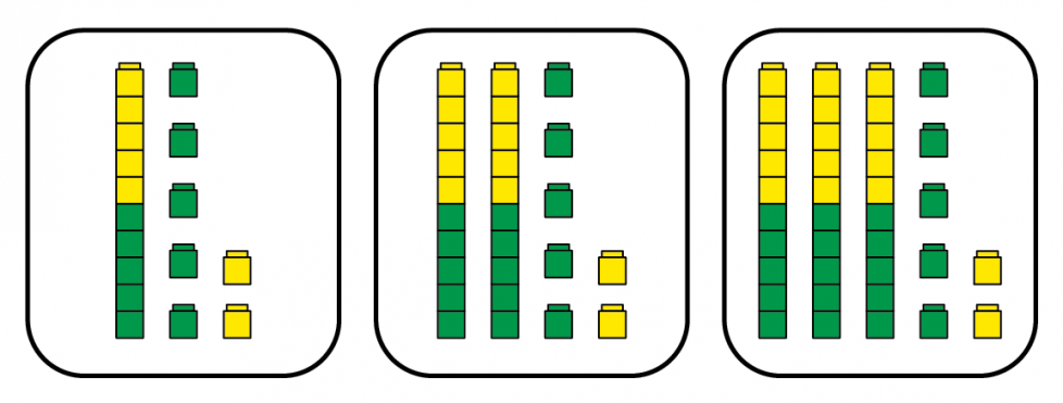 Primero, 1 torre de cubos, 5 cubos verdes y 2 cubos amarillos. Después, 2 torres, 5 cubos verdes y 2 cubos amarillos. Luego, 3 torres, 5 cubos verdes y 2 cubos amarillos. Cada torre de cubos tiene 5 cubos verdes y 5 cubos amarillos.