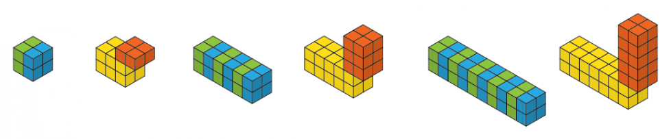 First, a 2 by 2 by 2 prism with green cubes on the left half and blue cubes on the right. Next, a structure with a 3 by 2 by 2 yellow prism on the bottom and 2 by 2 by 1 orange prism on top. Then, a 6 by 2 by 2 prism with green and blue stripes. Next, a structure with a 5 by 2 by 2 yellow prism on the bottom and a 2 by 3 by 3 orange prism on top. Then, a 10 by 2 by 2 prism with green and blue stripes. Last, a structure with a 7 by 2 by 2 yellow prism on the bottom and a 5 by 2 by 2 orange prism on top.