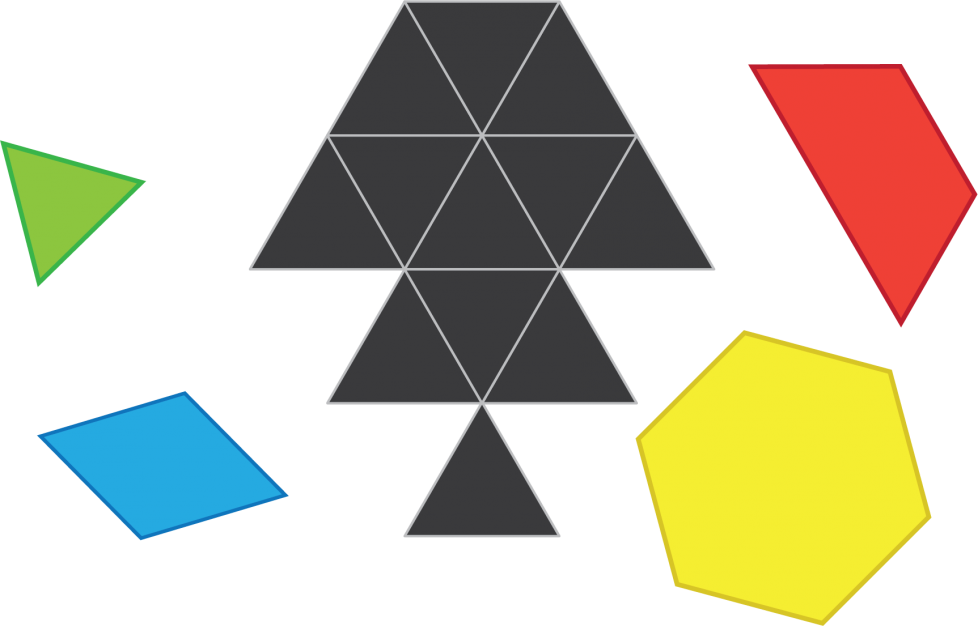 La figura negra tiene 3 partes principales. La parte de arriba es la más grande y parece un trapecio. Podrías hacerla de 2 filas de triángulos, 3 en la parte de arriba y 5 en la parte de abajo. La parte del medio también parece un trapecio. Podrías hacerla de 1 fila de 3 triángulos. La parte de abajo es la más pequeña y es 1 triángulo. Podrías usar otras figuras además de triángulos, como rombos, hexágonos y trapecios.