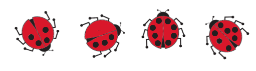 4 ladybugs. The first has 2 spots on each wing. The second has a wing with 0 spots and a wing with 3 spots. The third has has 4 spots on each wing. The fourth has a wing with 3 spots and a wing with 4 spots.