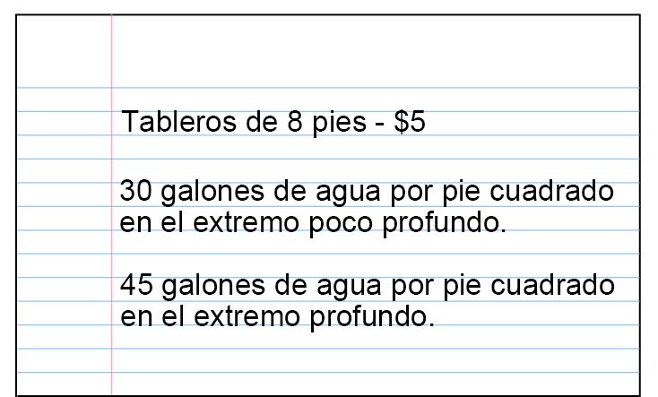 Tableros de 8 pies: $5.30 galones de agua por pie cuadrado en la parte poco profunda. 45 galones de agua por pie cuadrado la parte profunda