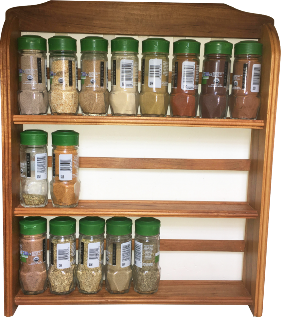 The spice rack has 3 rows for jars of spices. Each row can fit 8 jars. The top row has 8 jars. The middle row has 2 jars. The bottom row has 5 jars.