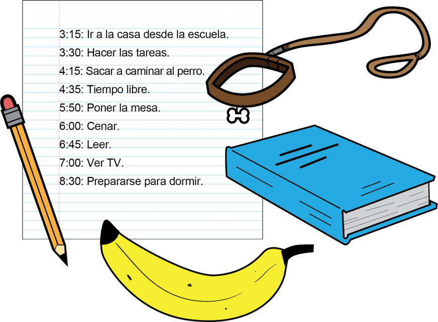 Aquí está el horario extraescolar de Julio. 3:15: Ir a la casa desde la escuela. 3:30: Hacer las tareas. 4:15: Sacar a caminar al perro. 4:35: Tiempo libre. 5:50: Poner la mesa. 6:00: Cenar. 6:45: Leer. 7:00: Ver televisión. 8:30: Prepararse para dormir.