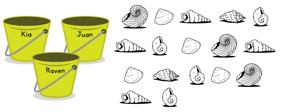 Three big buckets each show a name—Kia, Juan, or Raven. The kids arranged some shells in 4 rows. Three rows have 5 shells and 1 row has 2 shells.